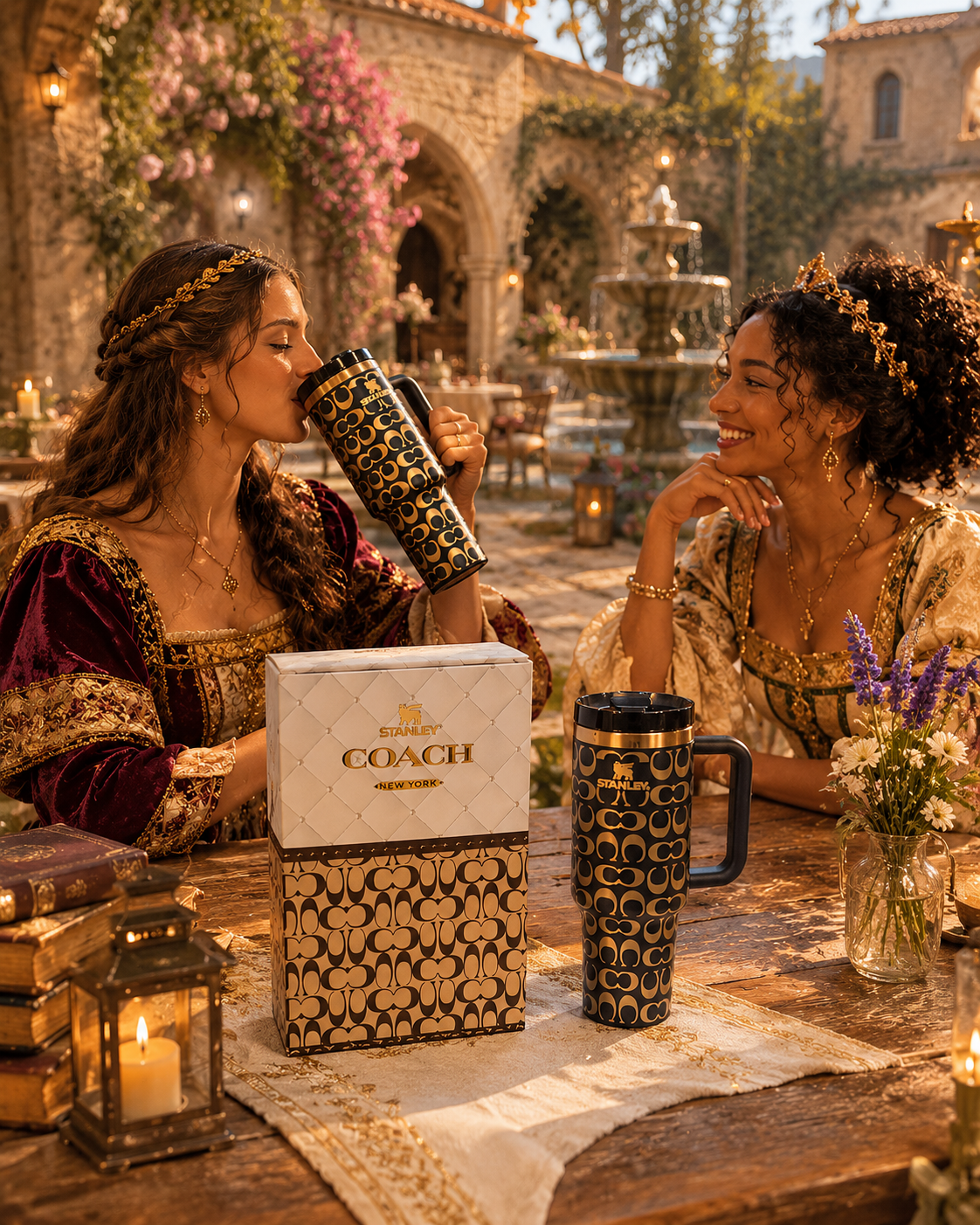 Designer Inspired Chocolate & Gold 40oz Coach Inspired Tumbler with Handle, Straw & Gift Box
