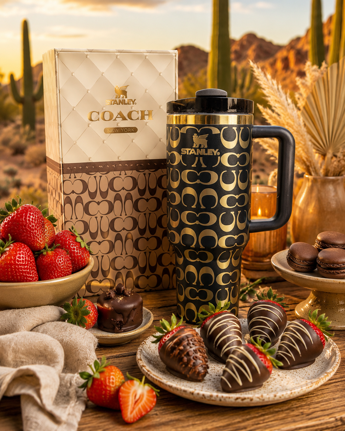 Designer Inspired Chocolate & Gold 40oz Coach Inspired Tumbler with Handle, Straw & Gift Box
