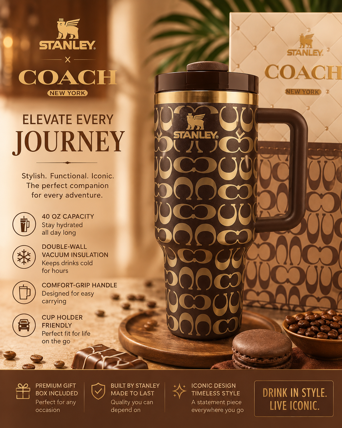 Designer Inspired Chocolate & Gold 40oz Coach Inspired Tumbler with Handle, Straw & Gift Box