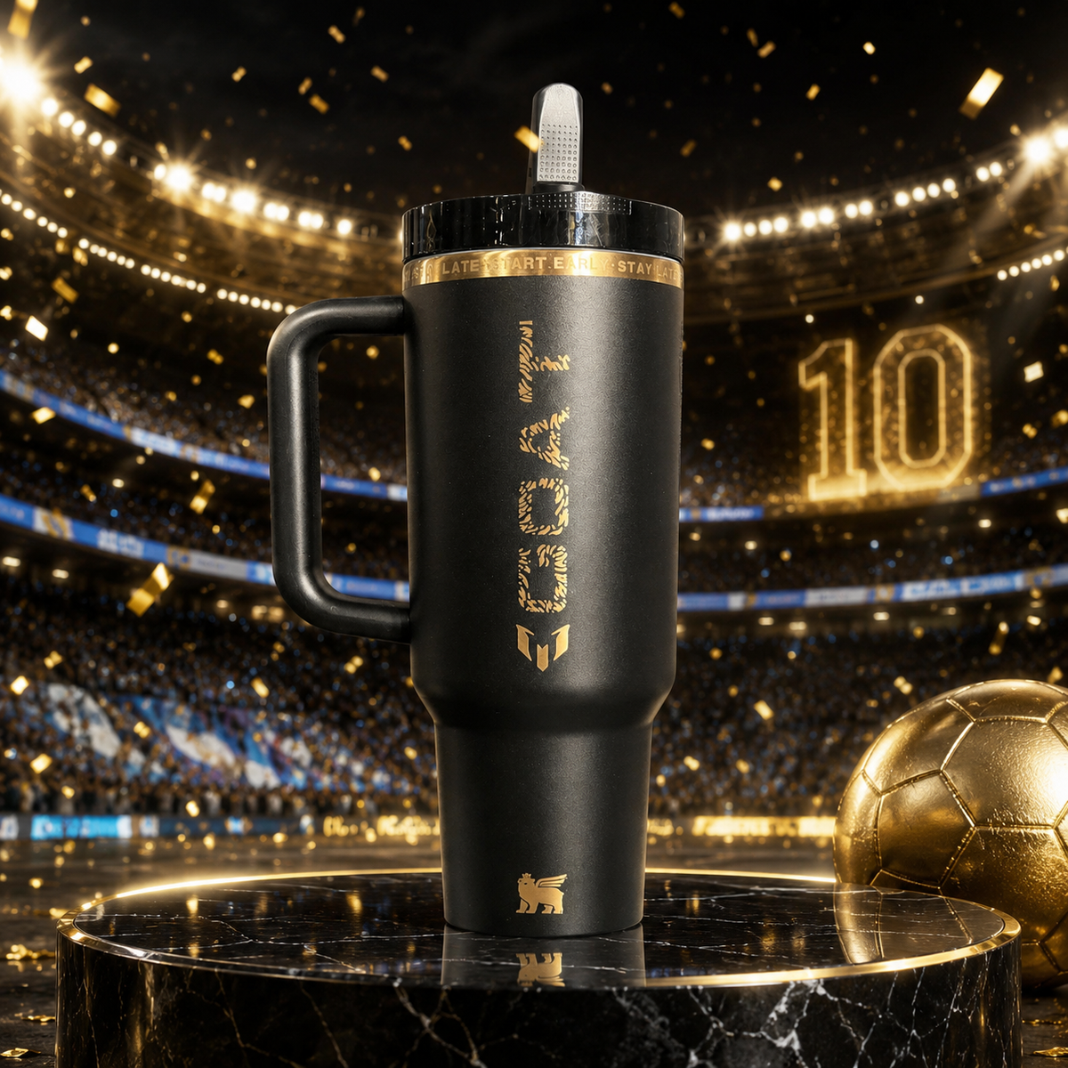 Lionel Messi The GOAT Tumbler 40oz | Black and Gold