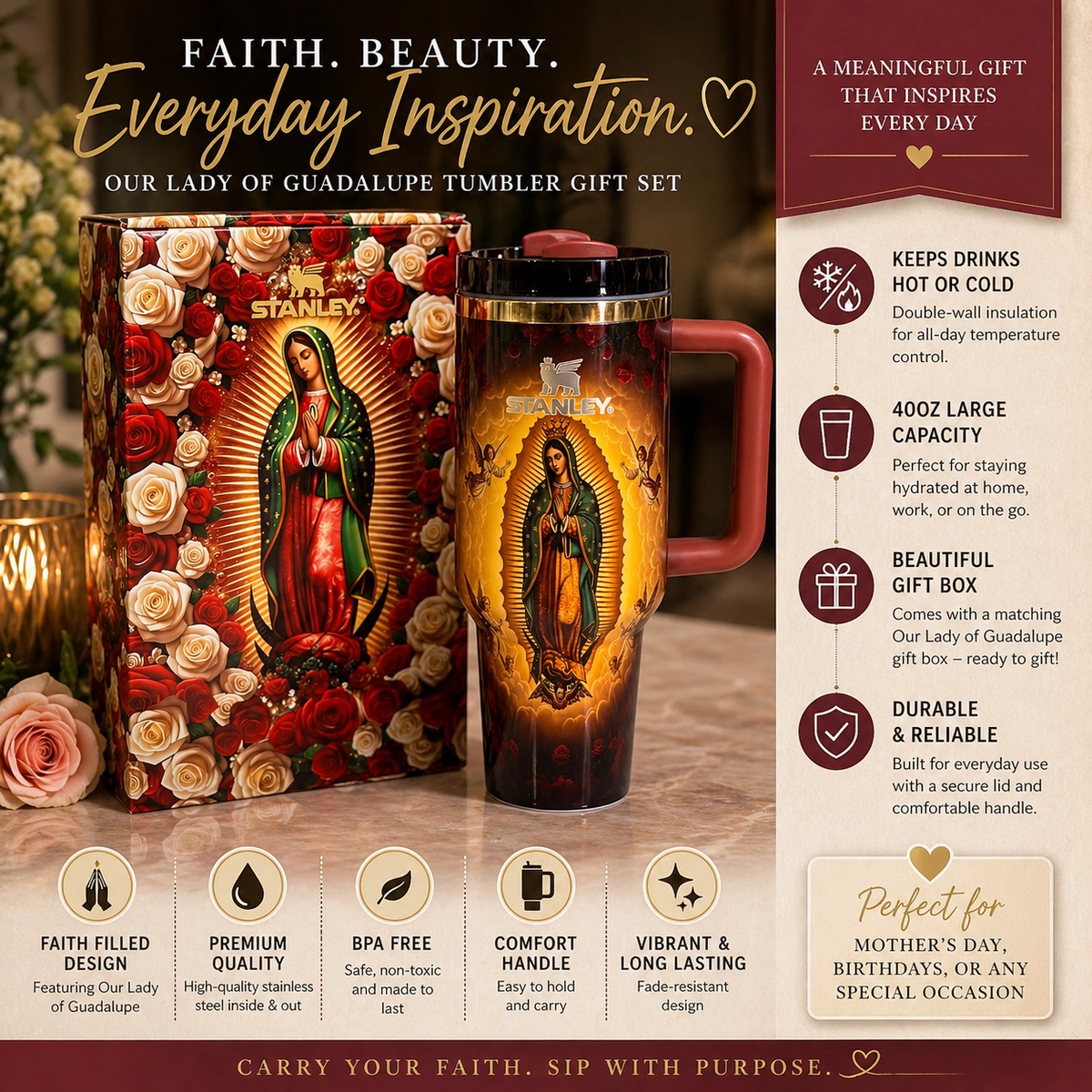 Our Lady of Guadalupe 40oz Coral-Handle Tumbler