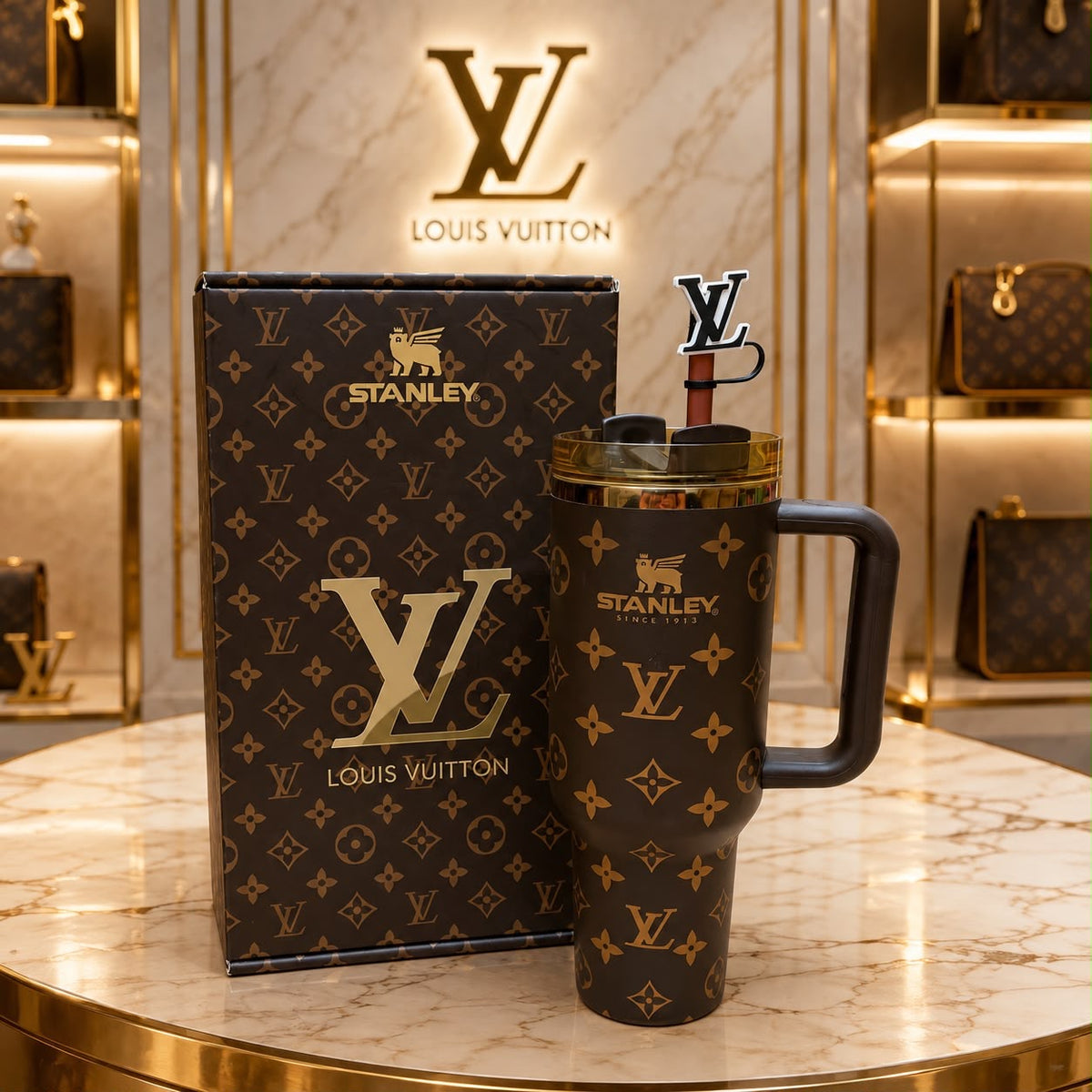 Brown-and-gold monogram 40 oz handled insulated tumbler with straw, decorative topper, lid, and matching presentation box.