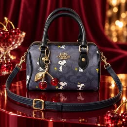 Coach x Peanuts Snoopy Mini Rowan Crossbody Bag with Cherry Charm and strap