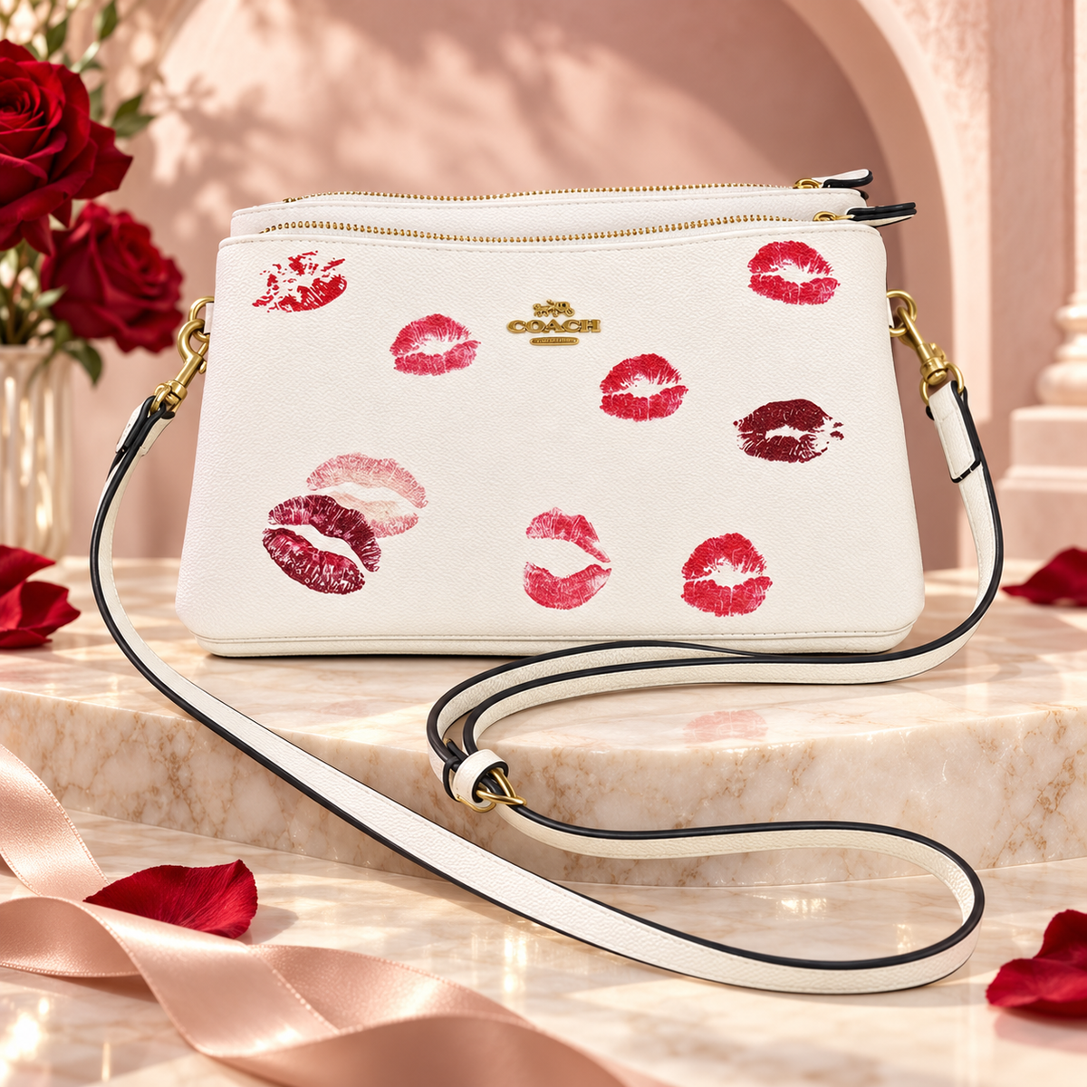Coach Lipstick Kiss White Crossbody Bag – Red & Pink Kiss Print