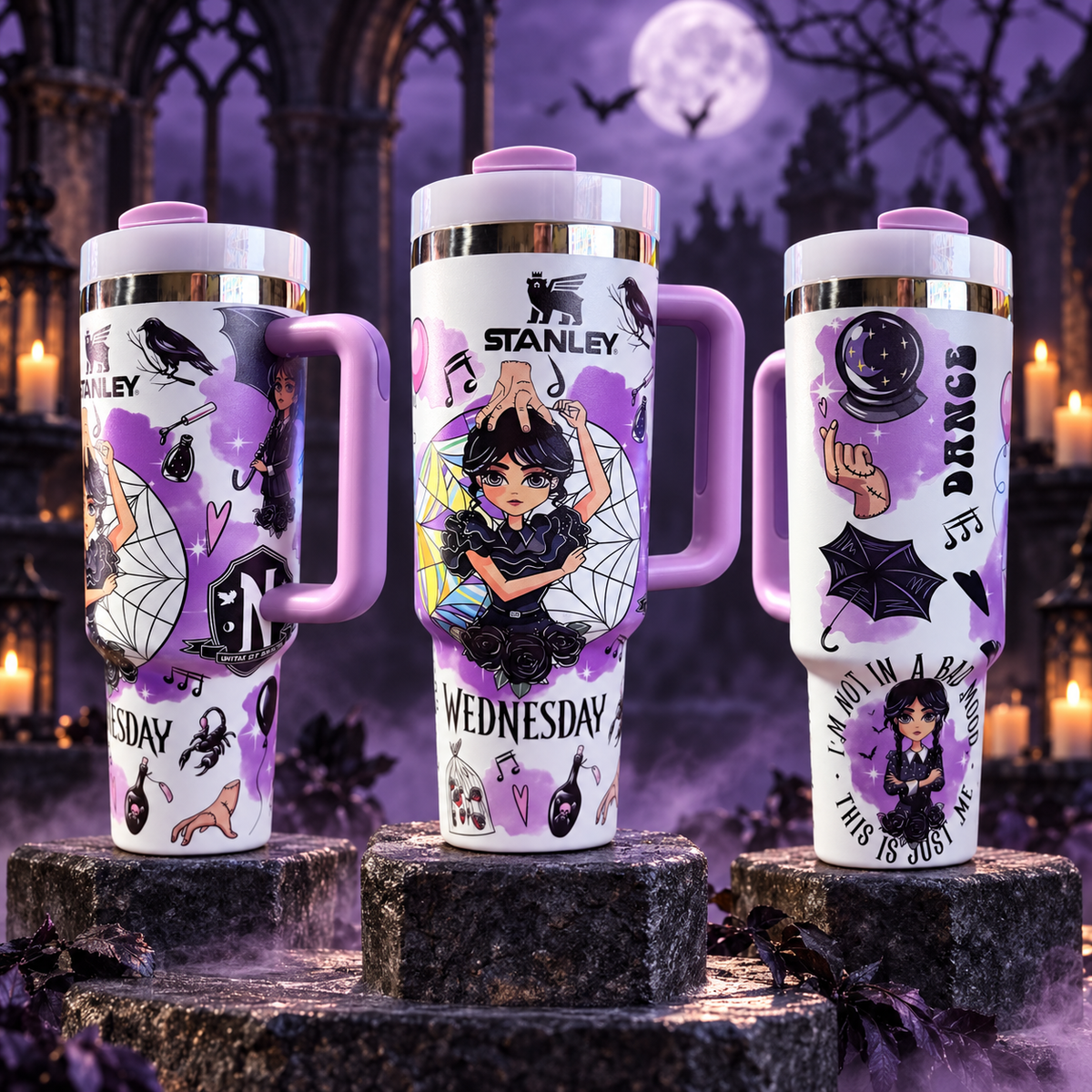 Wednesday 40oz Tumbler with Purple Gothic Artwork