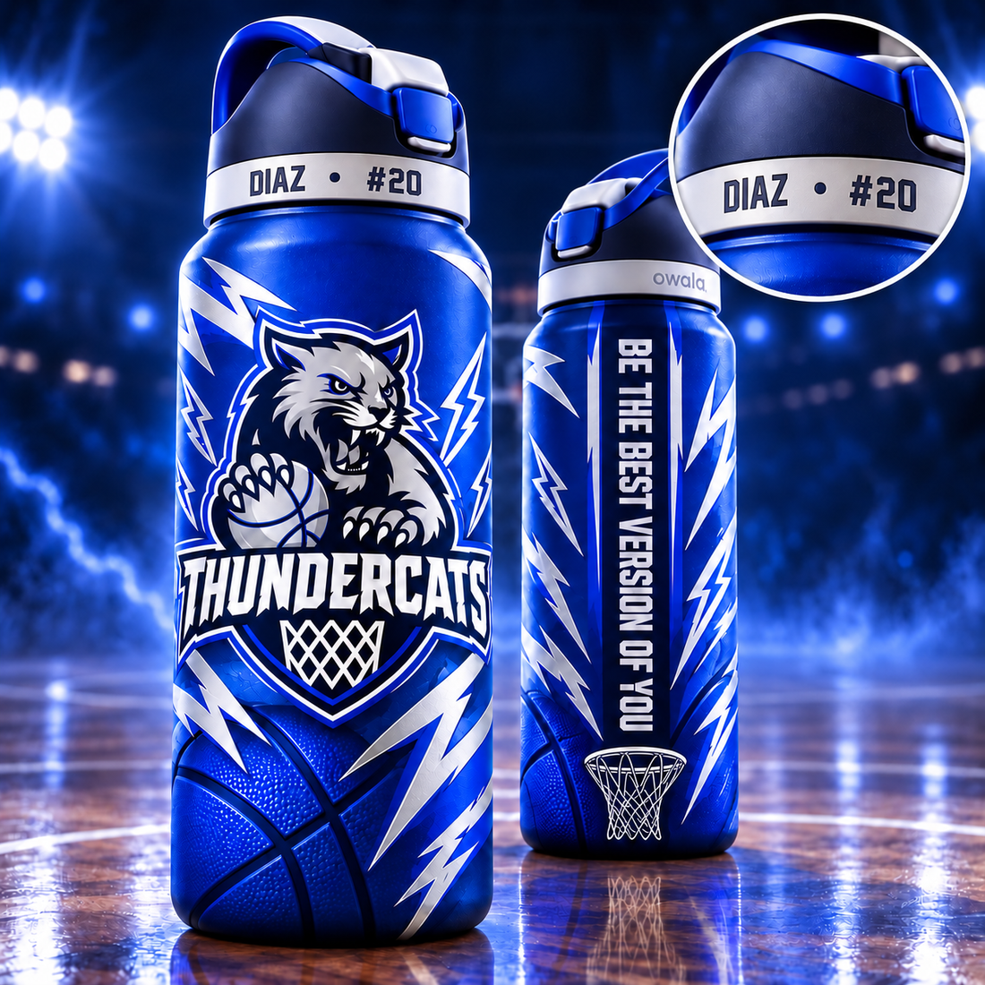 Blue and pink personalized Thundercats 32oz Owala water bottles