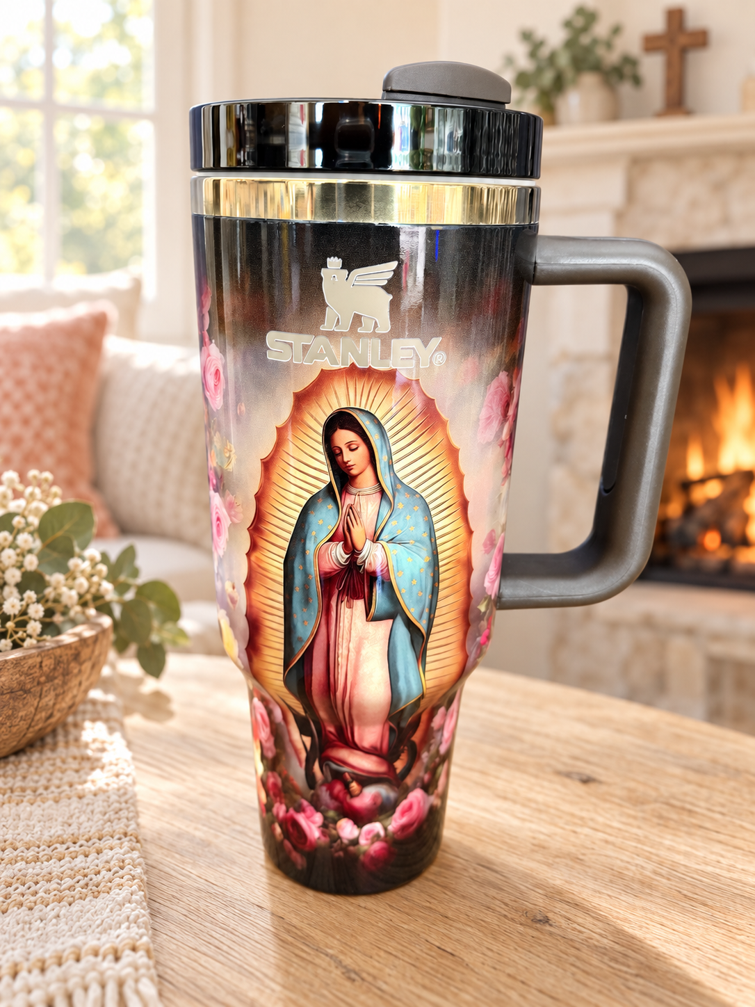 Our Lady of Guadalupe 40oz Rose Tumbler Brown Handle
