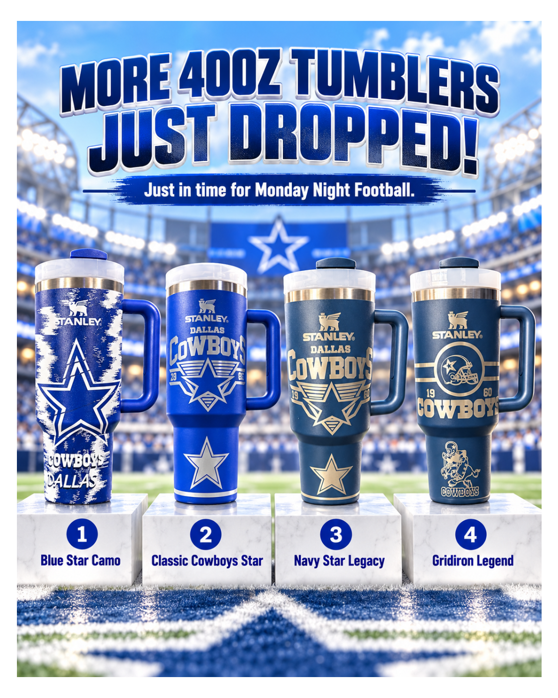 Dallas Cowboys 40oz Insulated Tumbler with Handle — Choose Your Design
