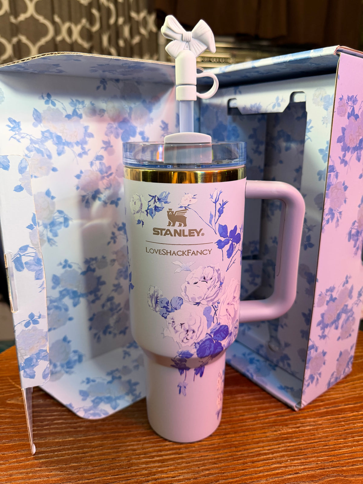 Stanley x LoveShackFancy Floral Blue Tumbler With Bow Straw Topper| 40oz Cup With Handle