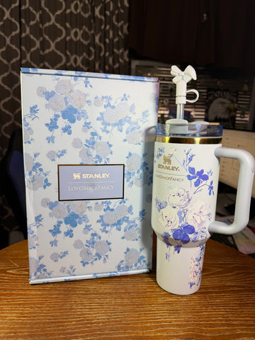 Stanley x LoveShackFancy Floral Blue Tumbler With Bow Straw Topper| 40oz Cup With Handle