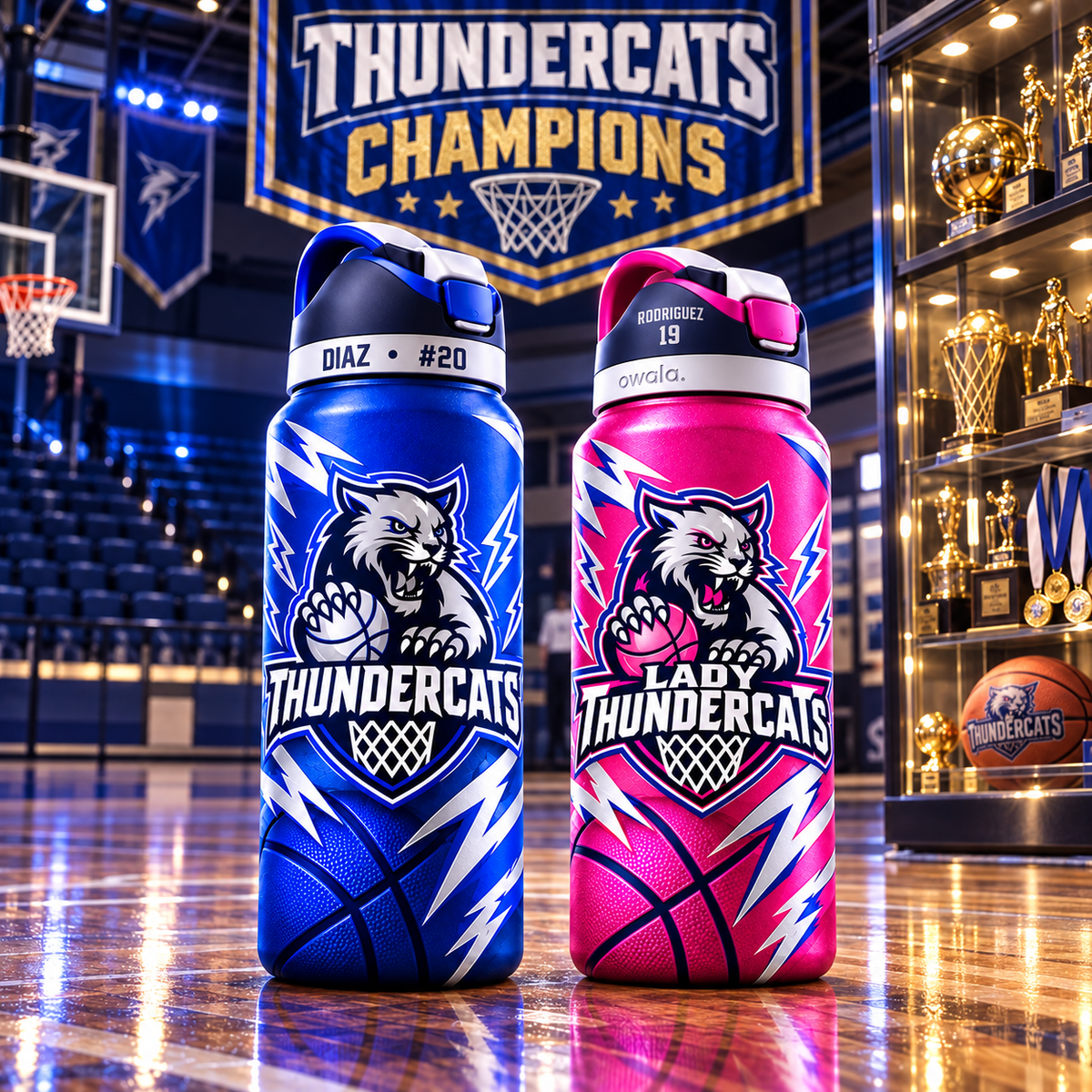 Blue and pink personalized Thundercats 32oz Owala water bottles
