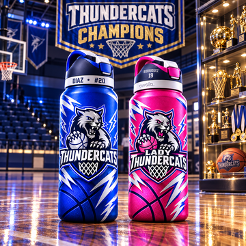 Blue and pink personalized Thundercats 32oz Owala water bottles